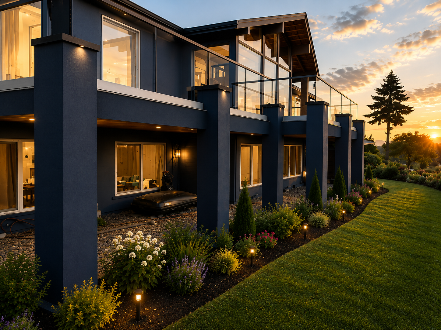Modern blue stucco home exterior with glass railings
